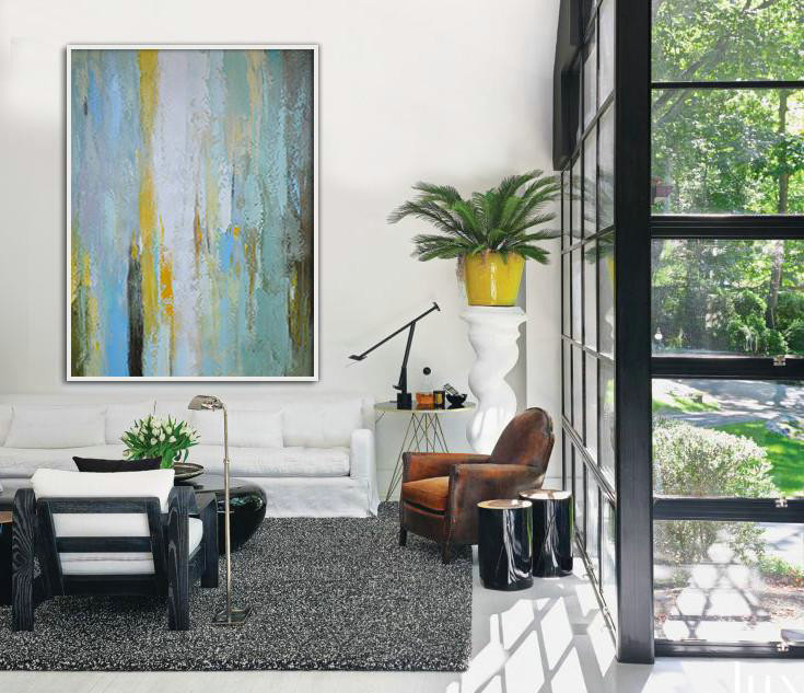 Hand Made Abstract Art,Vertical Palette Knife Contemporary Art,Modern Abstract Wall Art,Blue,White,Yellow,.etc